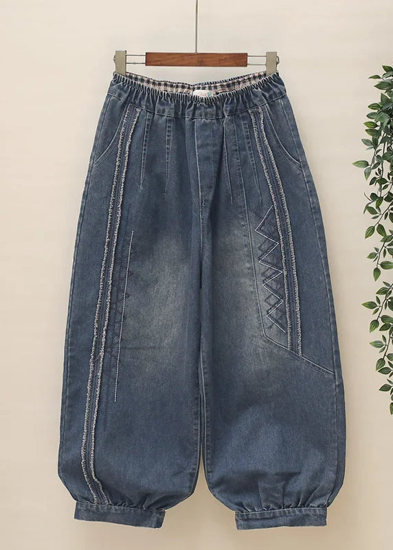 Bonus Savings Casual Blue Pockets Patchwork Elastic Waist Denim Harem Pants Spring