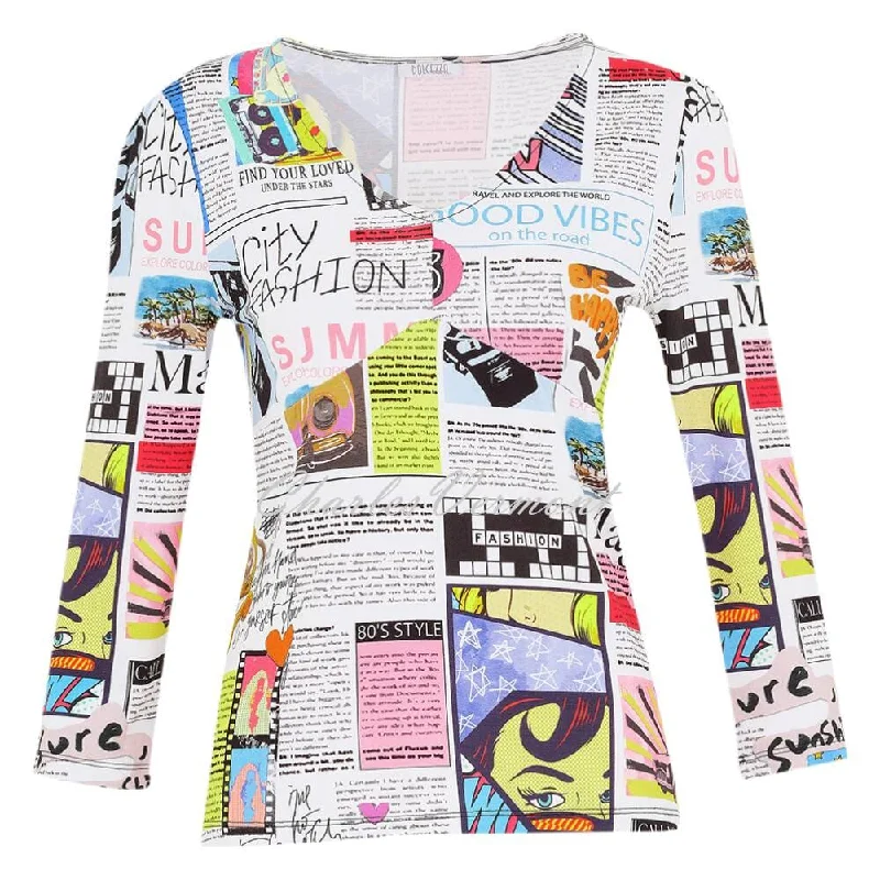 Time-Sensitive Dolcezza Newspaper V-Neck Top With Clear Rhinestone Detail - Style 24152