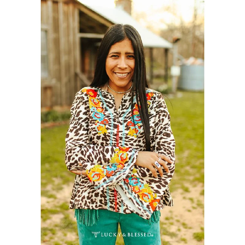 Shop and Save Leopard Floral Printed Detail Bell Sleeve Blouse
