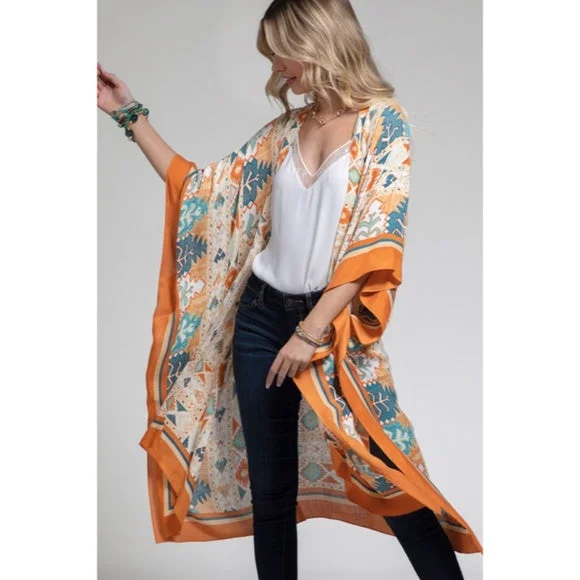 Quick Sale Navajo Ethnic Western Orange Turquoise Open Bohemian Coverup Kimono Wrap