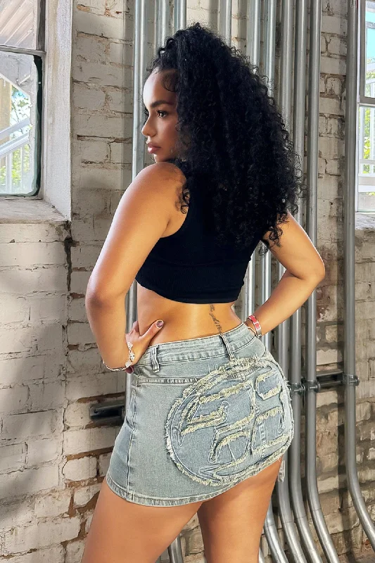 Weekend Offers That Excite Elise Vintage Wash 23 Patched Denim Mini Skirt