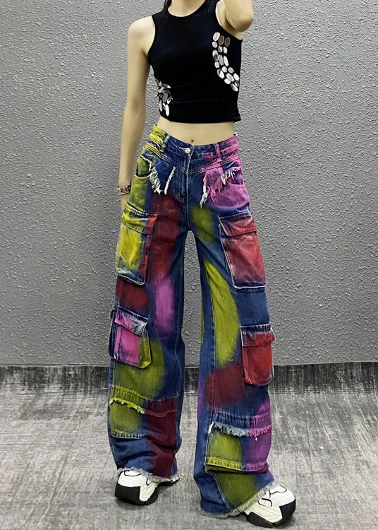 Season Finale Sale Original Tie Dye Tassel Pockets Patchwork Denim Wide Leg Pants Fall