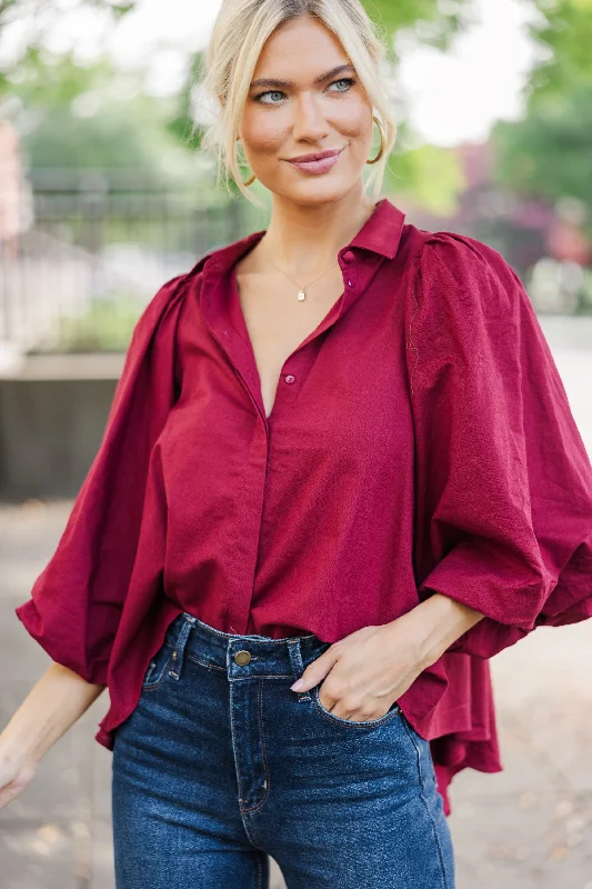 Limited Time Let's Run Burgundy Red Bubble Sleeve Blouse