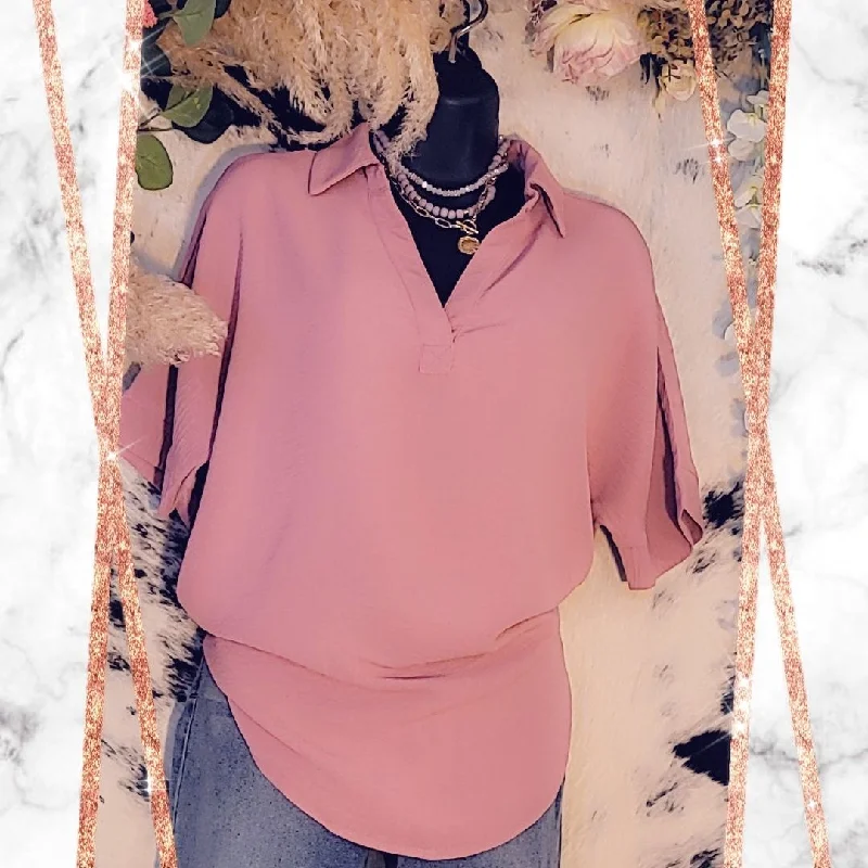 Savings Alert Woven Airflow Collared V-Neck Short Sleeve Top, Light Rose