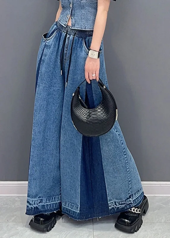 Midnight Sale Casual Blue Patchwork Drawstring Elastic Waist Denim Wide Leg Pants