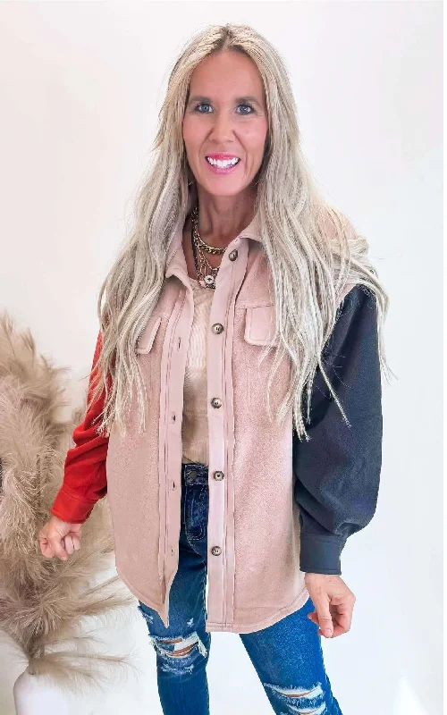 Last Chance Taupe Fleece Color Block Shacket - Final Sale