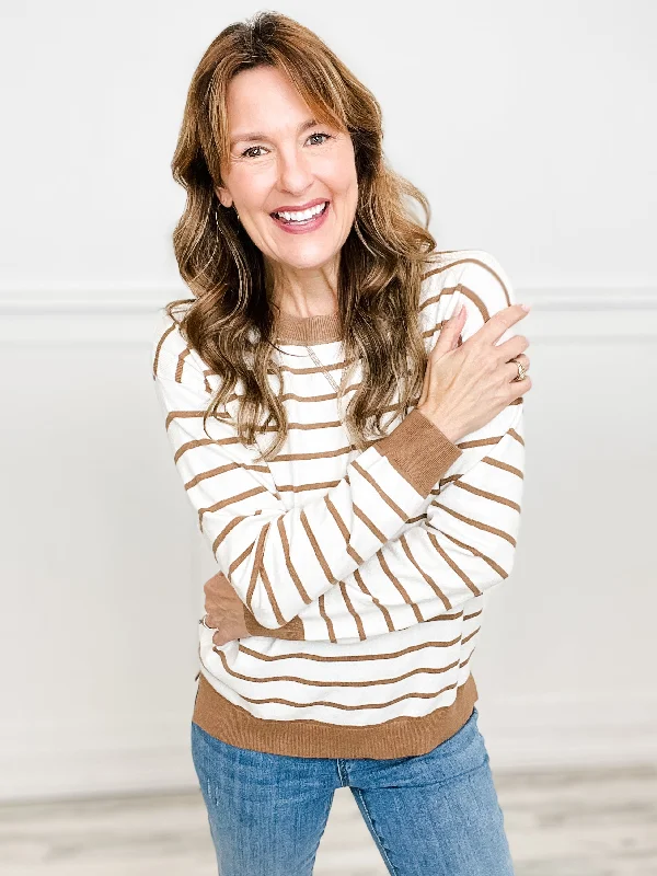 Limited Time Discount WHITE/TAUPE STRIPED PULLOVER SWEATER
