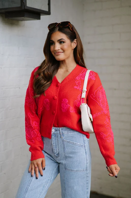 Today Only Benny Embroidered Cardigan- Red