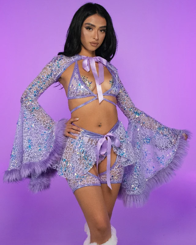 Weekend Special Lilac Sequin Fur-Trimmed Shrug