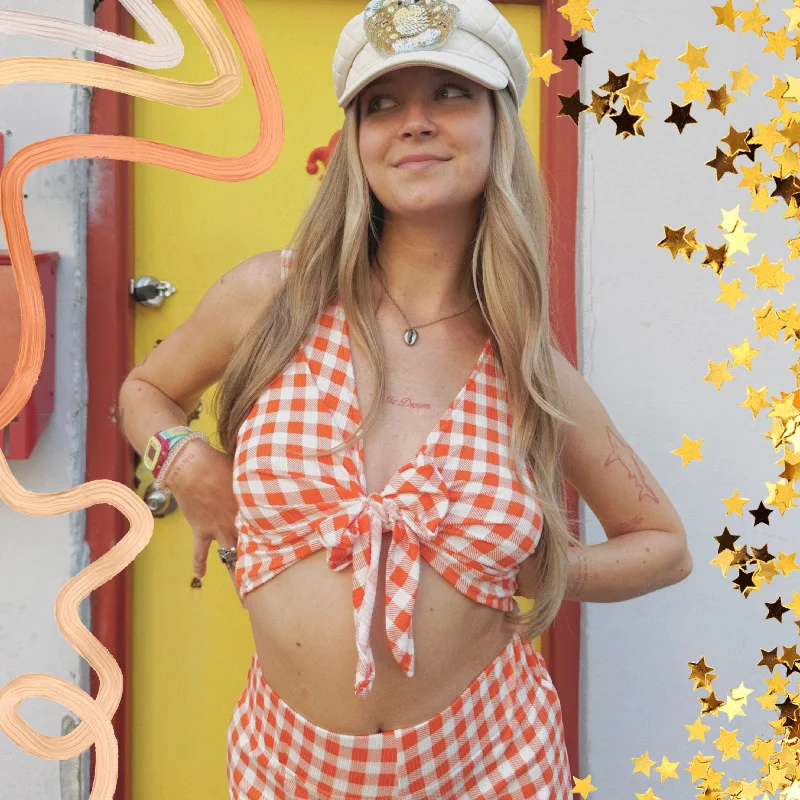 Deep Discounts Orange Gingham Tie Top