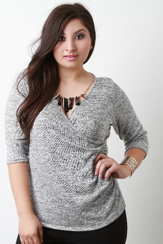 Now Available Heathered Quarter Sleeves Surplice Necklace Top