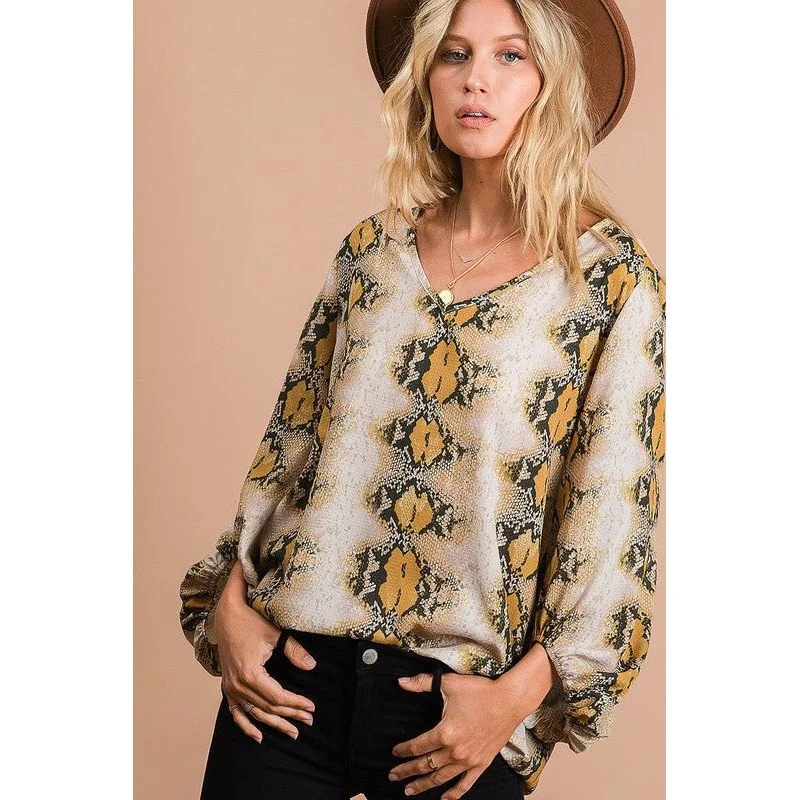 New Deal Snakeskin Print Wool Dobby V Neck Top with Bubble Sleeves, Mustard