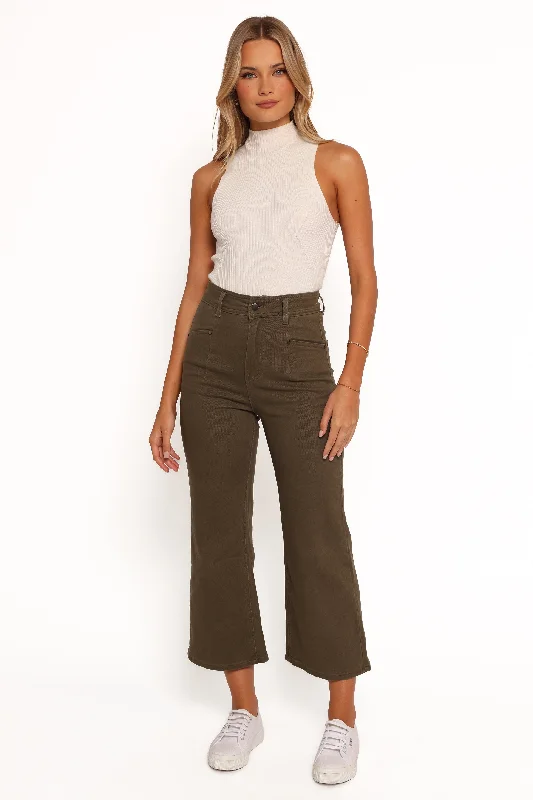 Weekend Deal Georgette High Waisted Straight Leg Pants - Olive