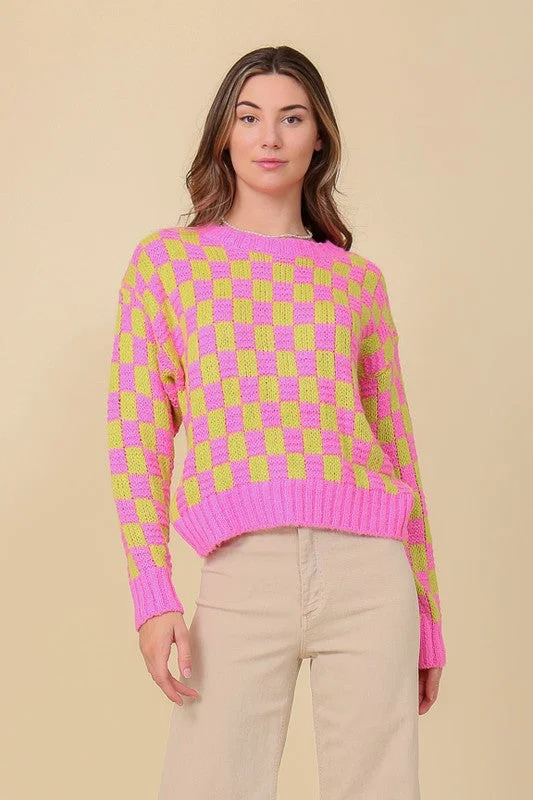 Early Access Long Sleeve Checkboard Pullover Sweater