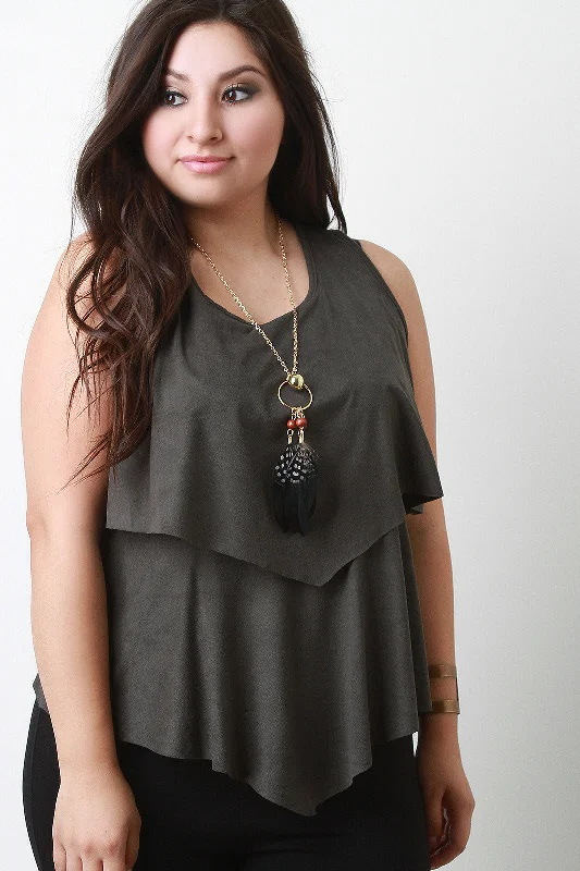 Stock Up and Save Feather Necklace Suede Tier Sleeveless Top
