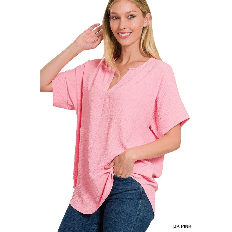 Buy More, Save More Woven Airflow Split Neck Short Sleeve Top, Dark Pink