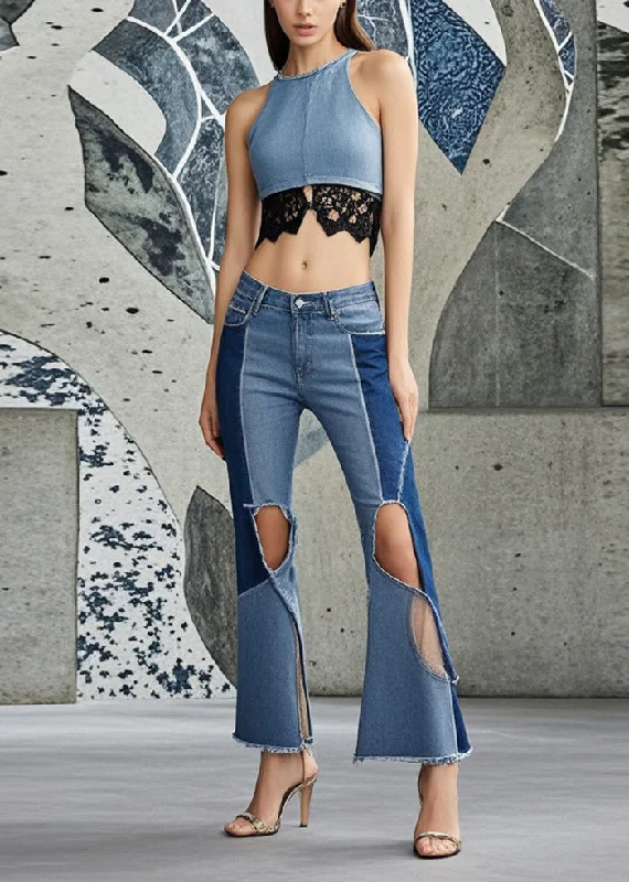 Price Smash Blue Patchwork Denim Bell-bottom Pants Hollow Out Fall