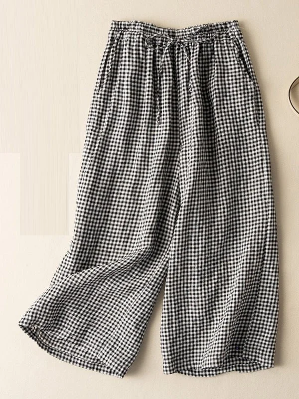 Can't Be Beat Linen Retro Plaid Print Wide Leg Pants