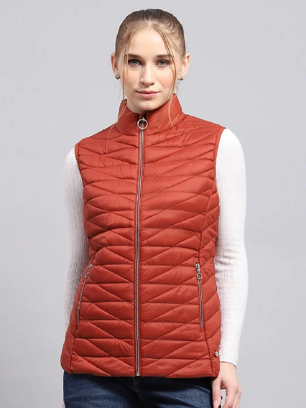 Quick Sale Women Rust Solid Mock Neck Sleeveless Jacket