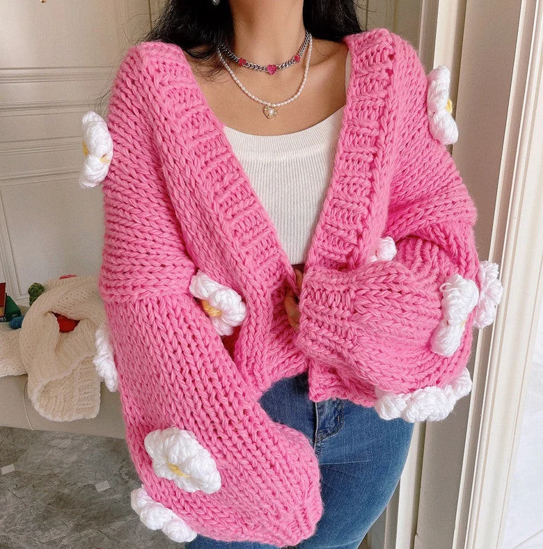 Limited Time Offer Chunky Daisy Cropped Cardigan (Pink)