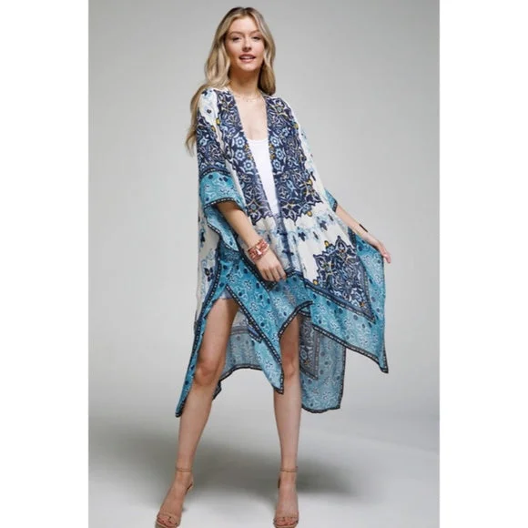 Customer Appreciation Sale San Jose Blue Intricate Mandala Floral Bohemian Open Kimono Wrap Coverup
