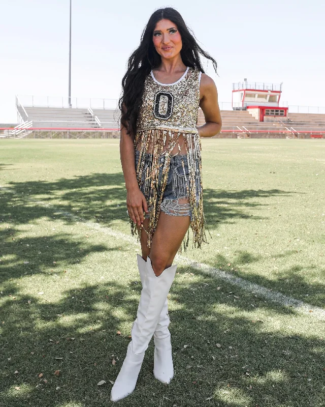 Bonus Savings Gold Varsity Sequin Fringe Tank Top