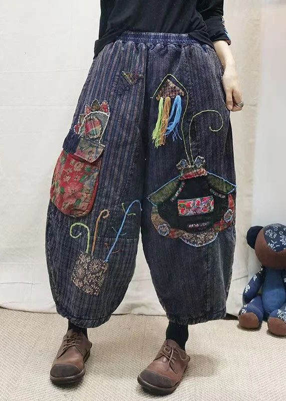 Weekend Discounts to Enjoy Vintage Blue Embroidered Patchwork Fine Cotton Filled Pants Winter