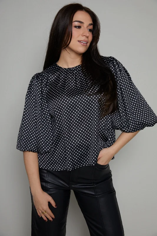 Take Advantage Brielle Lantern Sleeve Top - Black Polka Dot