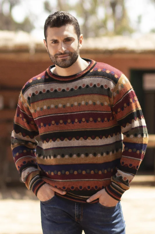 Weekend Special Autumnal Andes Men's Striped 100% Alpaca Pullover Sweater from Peru