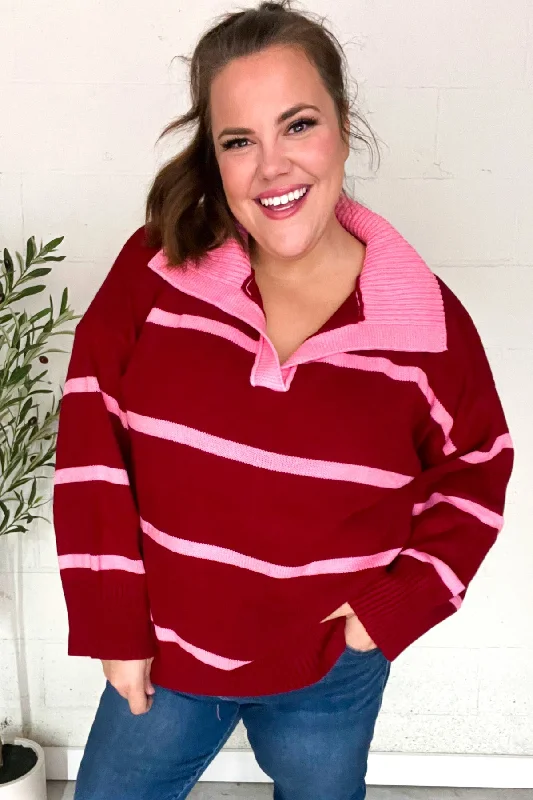 Weekend Deals That Excite Crimson Stripe Notched Neck Collared Oversized Sweater