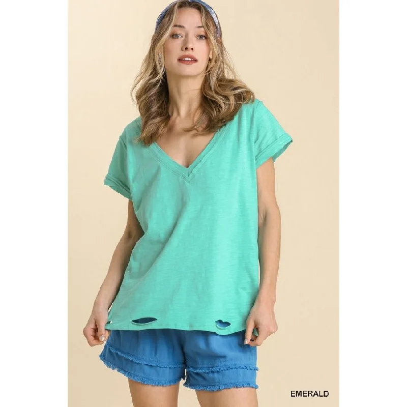 New Deals Gathered Short Sleeve V-Neck Knit Top with a Distressed Hem and Side Slits