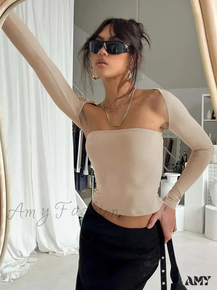 Savings Alert AMY - Sexy Bra Tie Waist Long Sleeve Tight Cover Crop Top