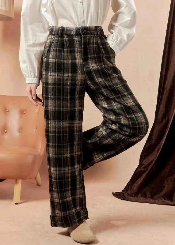 New Markdowns French Plaid Pockets High Waist Cotton Pants Spring