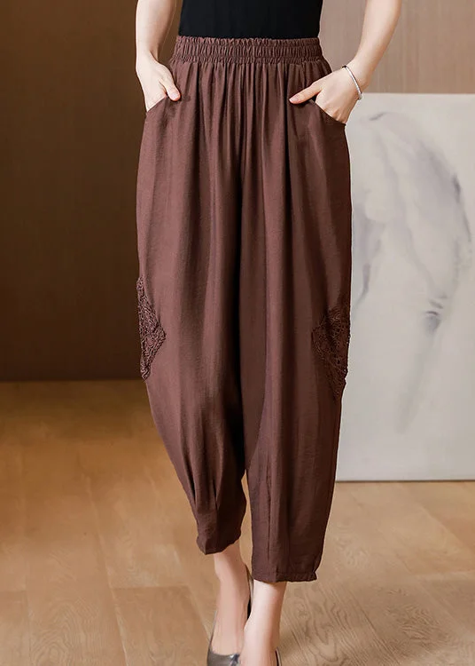 Clearance Sale Coffee Elastic Waist Linen Lantern Pants Spring