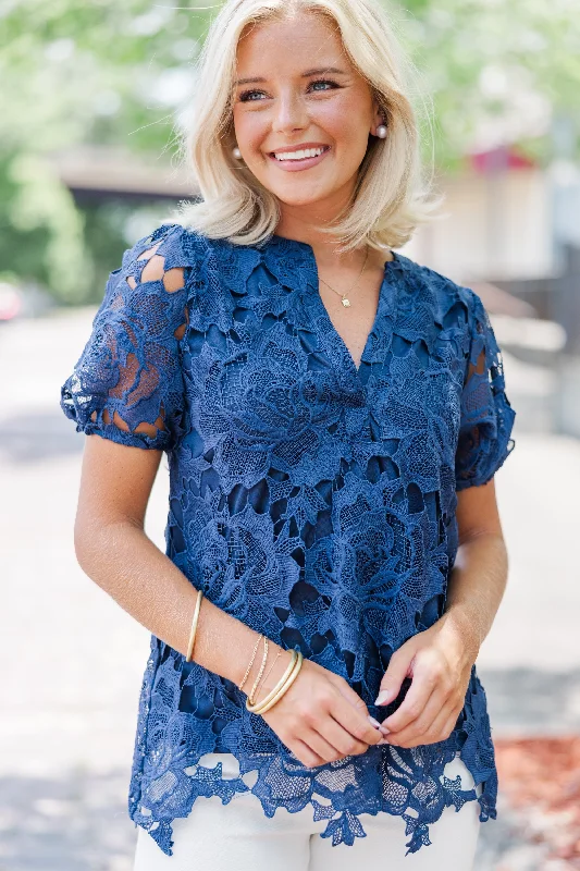 Grand Opening Sale Detailed Dreams Navy Blue Lace Blouse