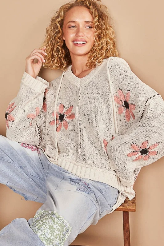 Extra Discount POL Floral Pattern Hooded High-Low Sweater