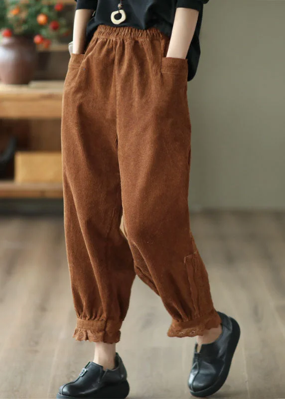 Price Reduction Modern Caramel Elastic Waist Lace Patchwork Corduroy Harem Pants Winter