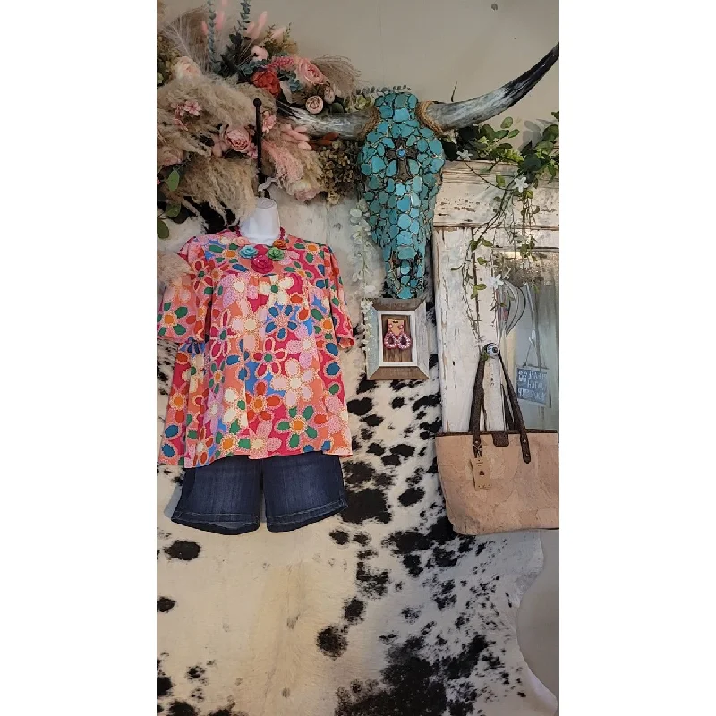 Quick Sale Colorful Floral Print Top, Button & Tie in the Back