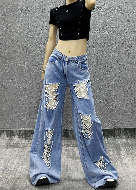 Inventory Reduction Fashion Blue Bead Decorated Pockets Ripped Denim Wide Leg Pants Fall