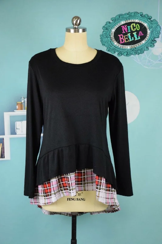 Markdown Sale Women’s Black Plaid Ruffle-back Shirt