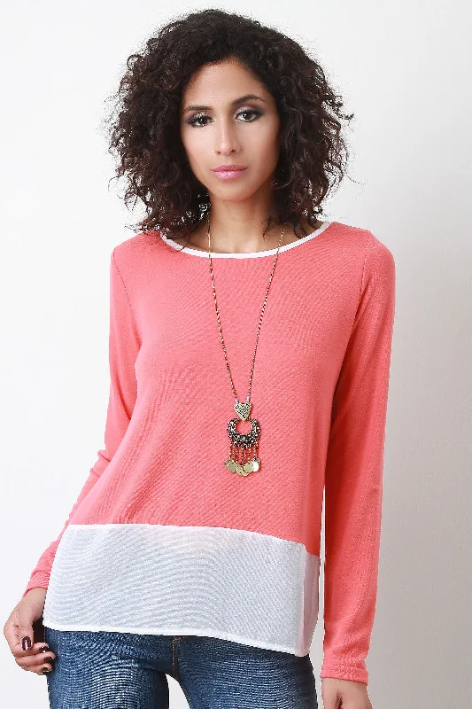 Savings Bonanza Contrast Chiffon Hem Long Sleeve Top