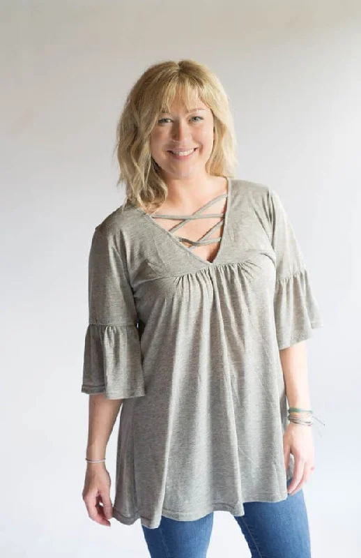 One-DAY Sale Grey Criss Cross Bell Sleeve Tunic