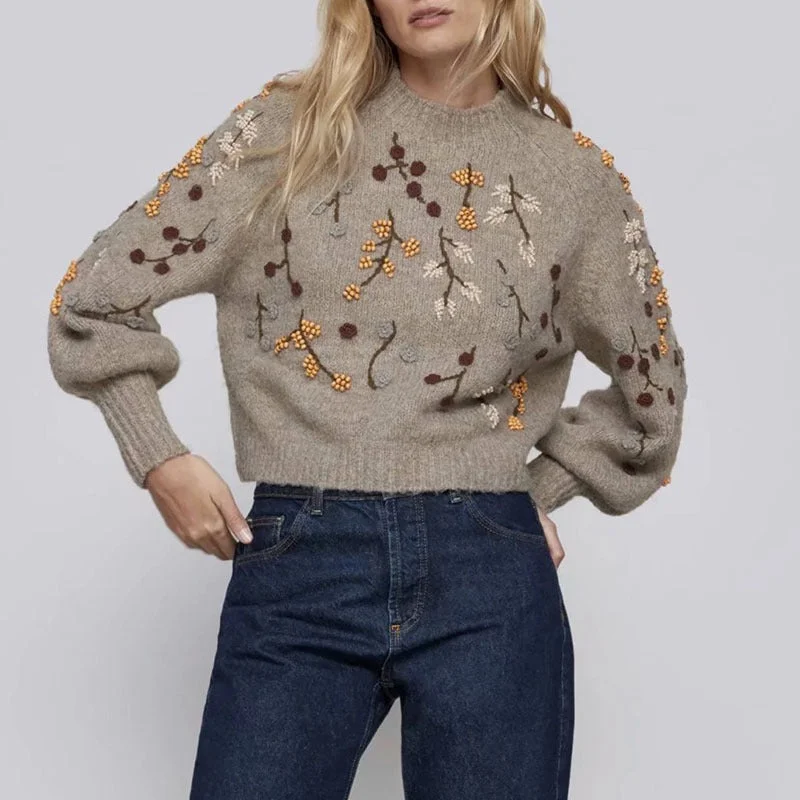 Special Savings Beaded Embroidery Balloon Sleeve Sweater