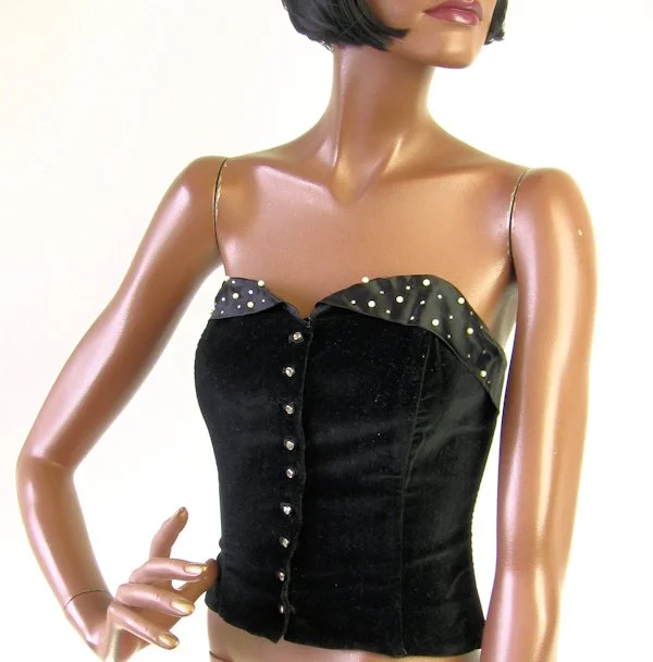 Major Savings 50s Rockabilly Strapless Bustier Vintage Pinup Top Black Velvet Jewel Trim Koret California VFG