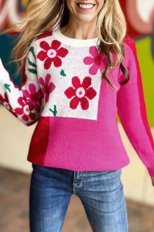 Reduced Prices Rose Red Floral Colorblock Knitted Sweater
