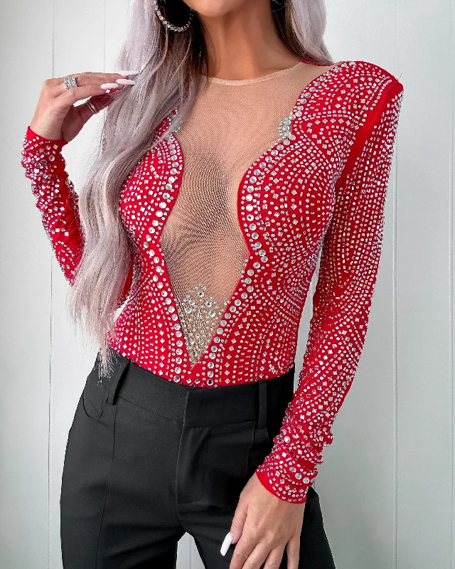 Special Discount Always Iconic Rhinestone Bodysuit - Red