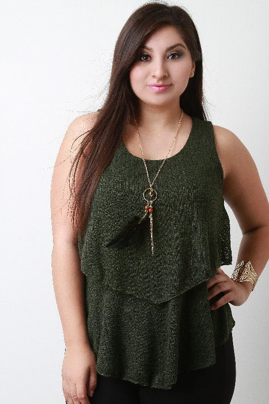 New Arrival Feather Necklace Ruffled Knit Tiers Top