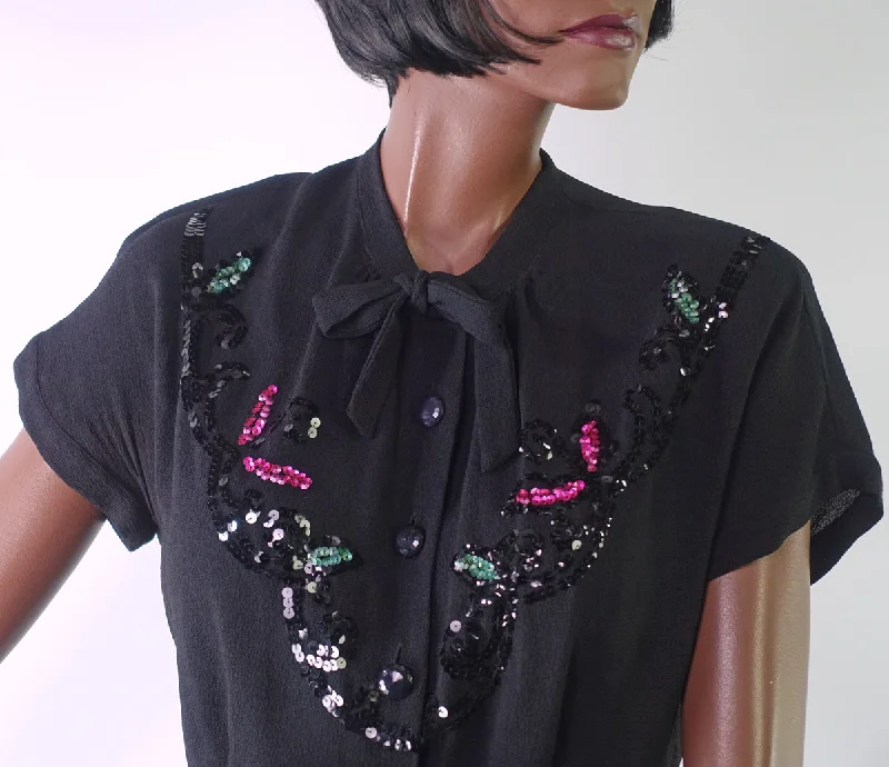 Anniversary Sale 40s Vintage Black Crepe Blouse Colorful Beaded Bow Neck Women's M/L VFG