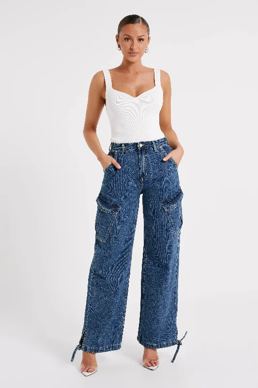 Mega Sale Thelma Relaxed Denim Cargo Pants - Dark Blue
