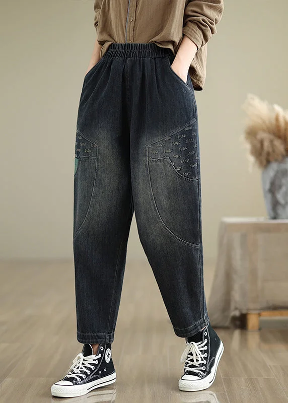 Flash Sale Women Navy Pockets Elastic Waist Denim Pants Fall